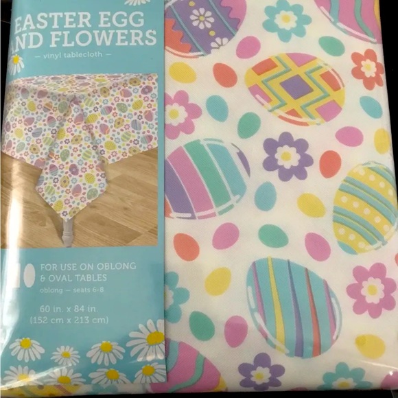Easter Spring Vinyl Tablecloth Oblong or Oval Egg Bunnies Flowers 60x84 NIP - Picture 1 of 3